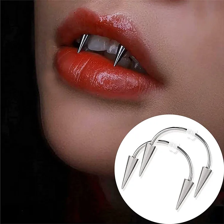 POENNIS punk style piercing nose lip jewelry 12 vampire teeth cone  tongue horse shoe ring piercing