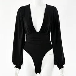 Black Deep V Neck Bodysuit Women Sexy Puff Sleeve Bodycon Jumpsuit Solid Elastic Casual Party Winter Body Tops
