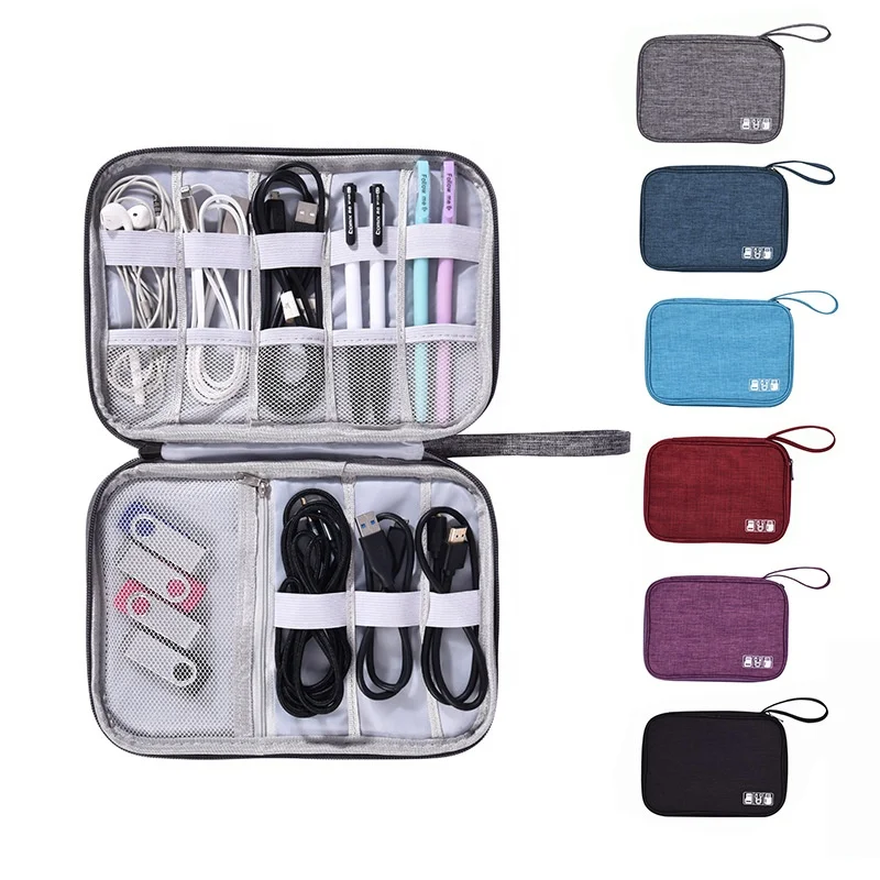 Pure color polyester customized logo cable organizer pouch single layer waterproof charging cable bag