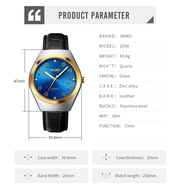 relojes hombre skmei 2058 luxury new design Blue stars 30m Waterproof belts leather watch for men