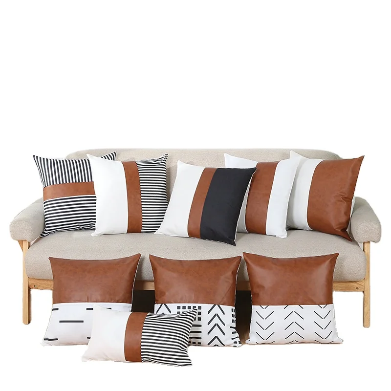 Modern Simplicity Stripe Stitching PU Leather Linen Pillow Case Cushion Cover For Home Decor