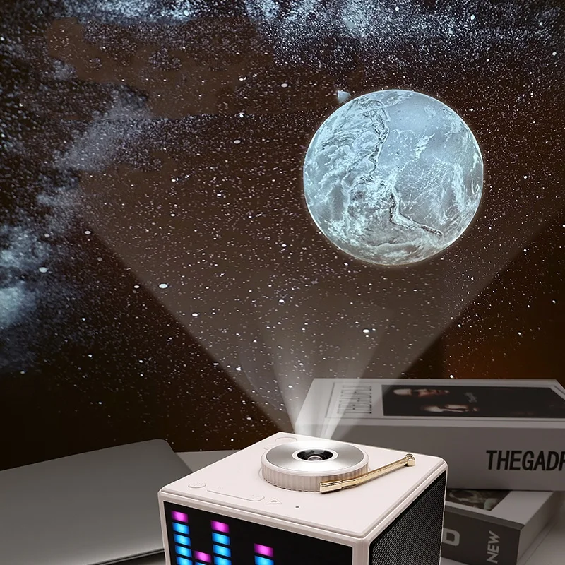 Romantic Music Sync Projection Night Light Stereo BT Speaker Galaxy Saturn Moon Projector Lamp with White Noise
