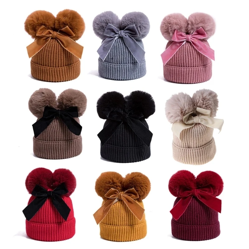 Cute Winter Warm Kids Baby Girls Boys Knitted Two Poms Skull Hats Cotton Lined Baby Double Pom Pom Beanie With Velvet Bowknot