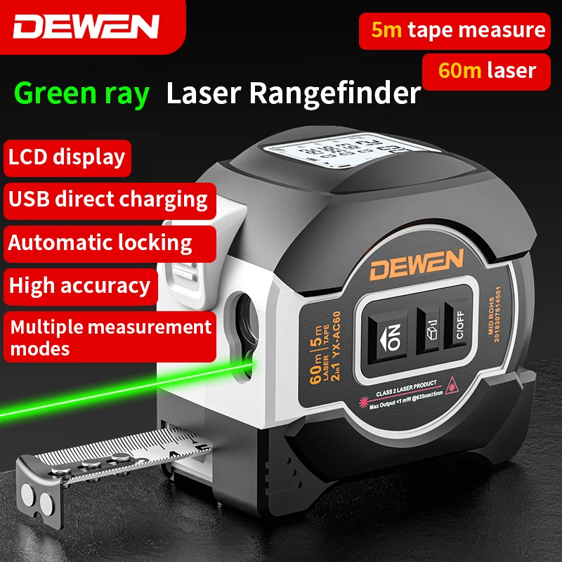 DEWEN Hot selling 3 IN 1 Infrared Laser Ruler High Precision 60M Laser Rangefinder with Digital Screen