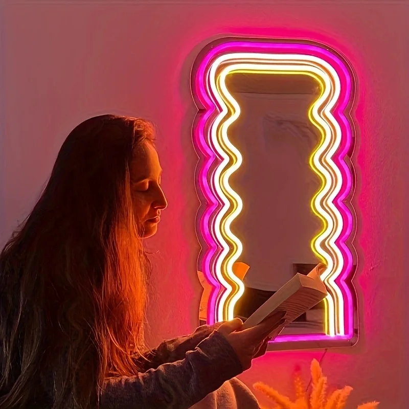 LED Wave Mirror Light Sign Neon Strip Decorative Dimming Background Lemon Yellow Pink USB Love Acrylic Plastic Acrylic Plastic
