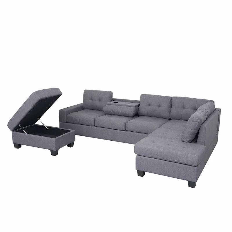 Linen Fabric L Shaped Sofa With Storage Ottoman And Drop Down Living Room Furniture
