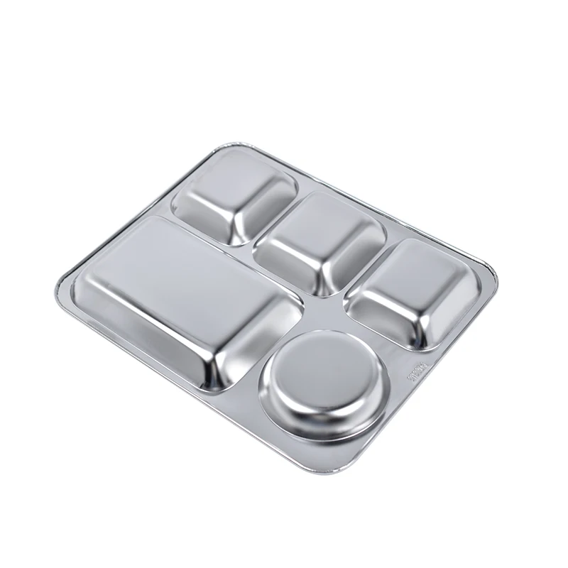 Stainless Steel 304 Mess Lunch  Plate Food Tray Canteen 5 Compartment Divided