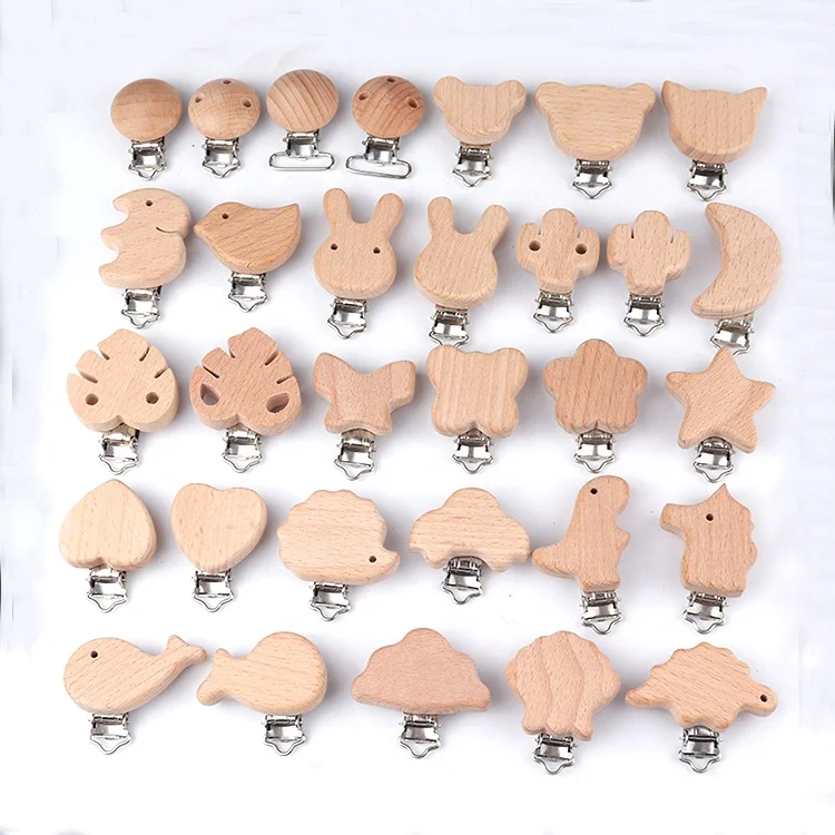 Wholesale Natural Wood Color Baby Toys Wooden Dummy Clip Beech Wood Cloud Pacifier Clip