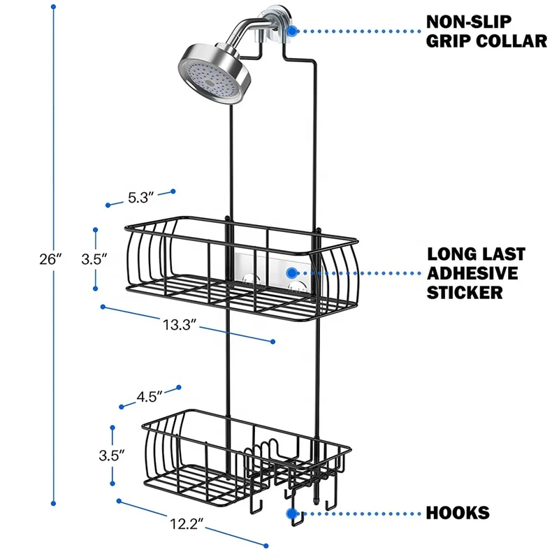 2 tier Stainless Steel Bathroom Shower Shelf hanging Storage Rack Over The Door shower caddy With Hooks