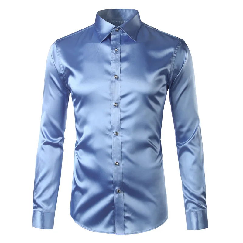 Custom Satin Silk Men  Fashion Long Sleeve Mens Slim Tuxedo Shirts Casual  Button Down Dress Shirts