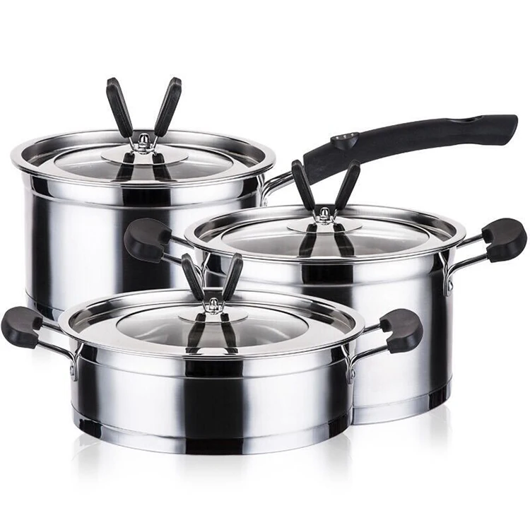 3 Pcs European Style Cookware Set 201ss Right Angle Pan Double Bottom Milk Pot Soup Pot Frying Pan With Glass Lid