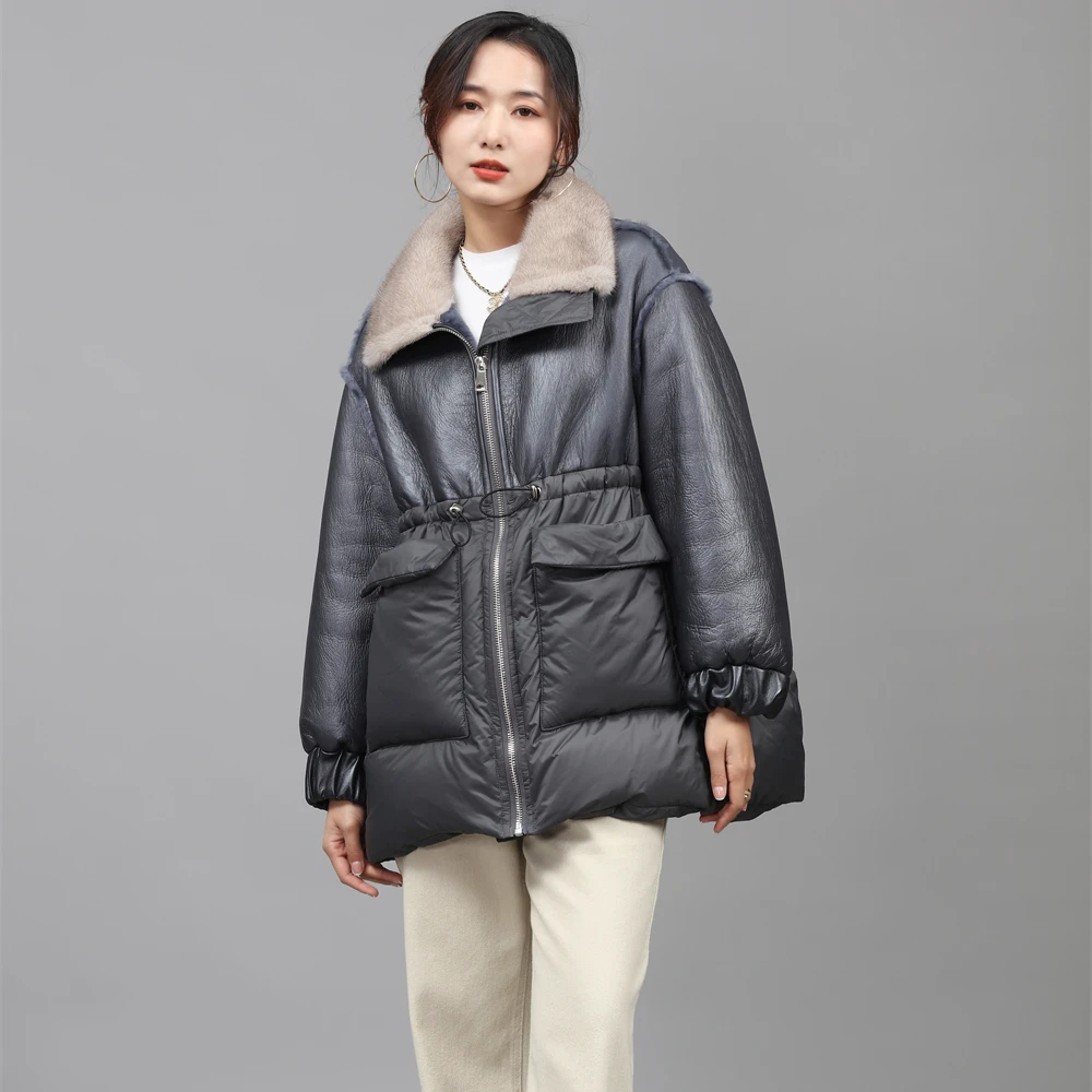 customized OEM ODM style  Winter Lady Long sheep skin Jacket mink fur Collar  down parka real Sheep fur  coat for  Women