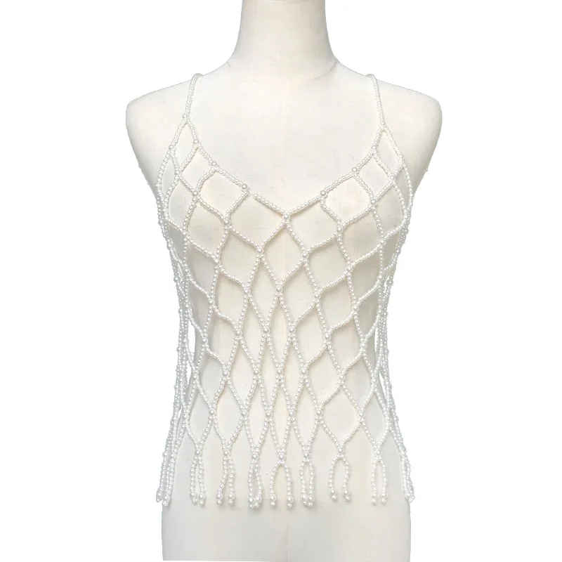 Wholesale Elegant Body Jewelry Bra Halter Jewelry White Black Pearl Tops Summer Bikini Sexy Body Chain Hollow Out Vest Blouse