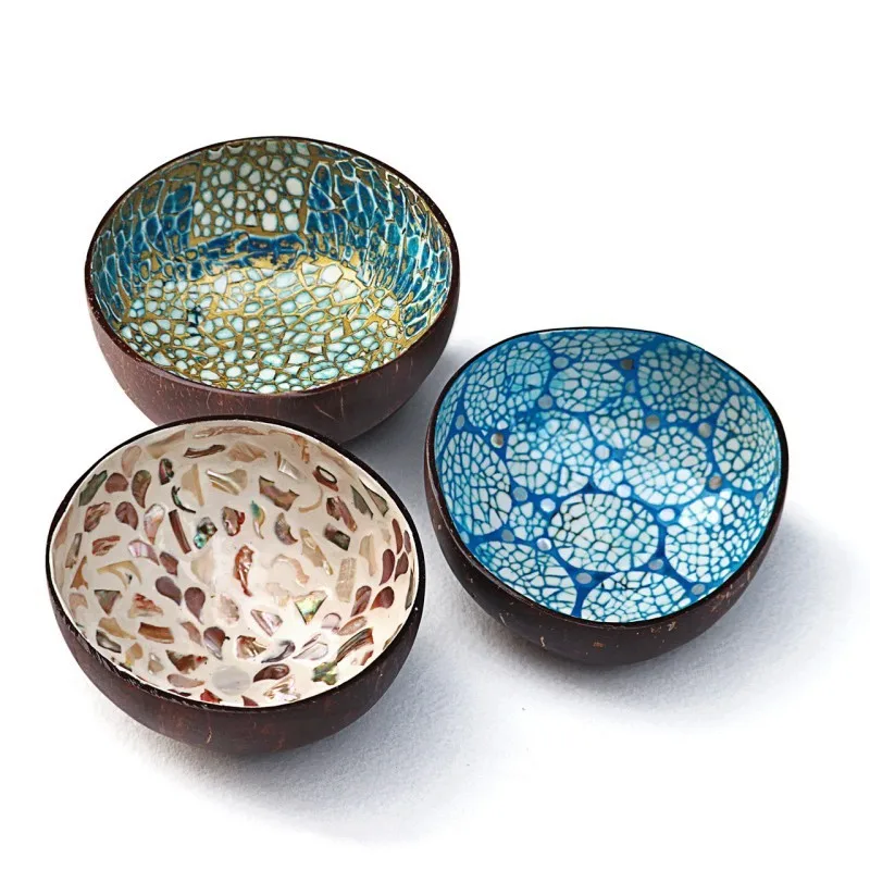 Natural coconut shell bowls hand inlaid shell bowl table top storage decorative bowl