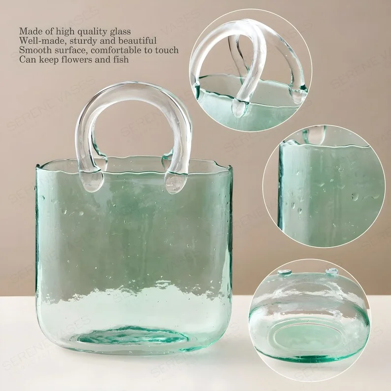 Reusable Modern Creative Bag Carrying Basket Glass Vase Wholesale Houseware Clear Customized Glass Vase For Table Decoration