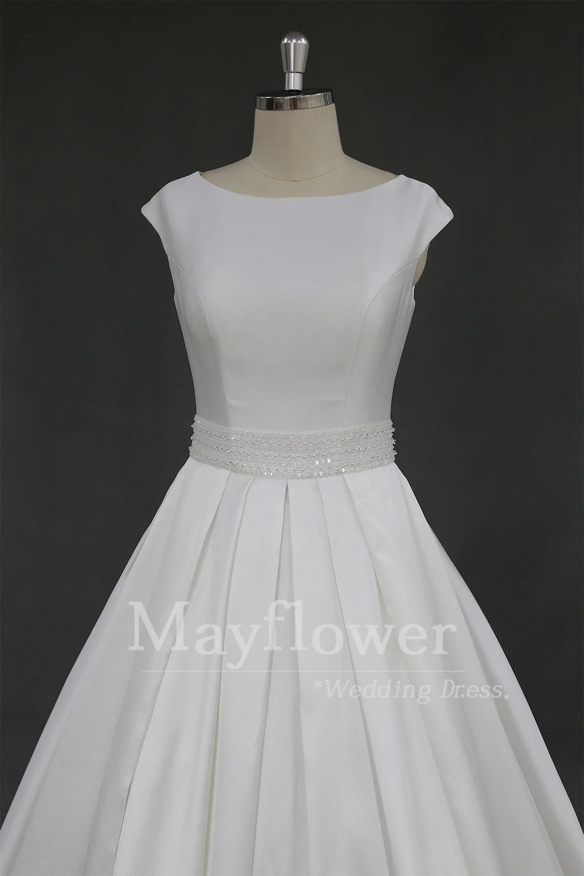 New puff Mikado Satin Custom Made boat neck A-Line with heavy beaded belt Wedding Dresses Bridal gowns