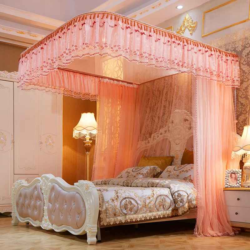 Luxury Square Top Guide Rail Soft Beautiful Lace Tassel Flower 2.1m High Elegant Durable Bed Net