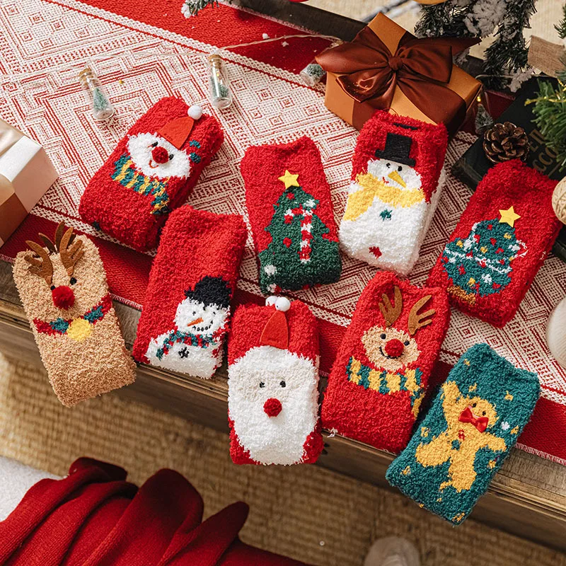 High Quality Christmas Socks Fluffy Fuzzy Coral Fleece Women Indoor Santa Claus Christmas Tree Deer Cute Cartoon Holiday Socks