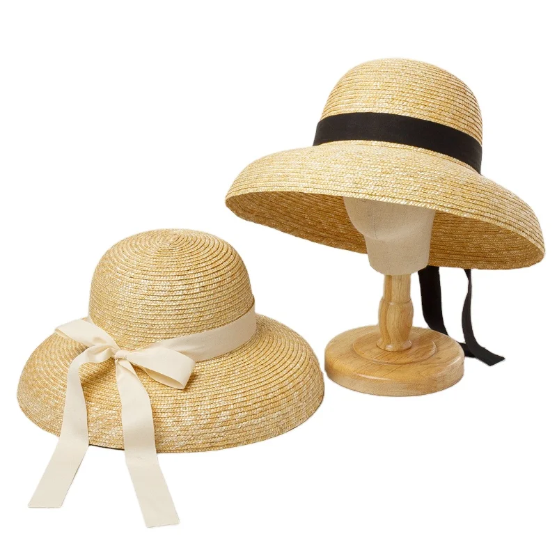 2021 Elegant Black Beige Ribbon Hepburn Natural Wheat Bucket Straw Hat Summer Children Wide Brim Wholesale Kids Straw Hats