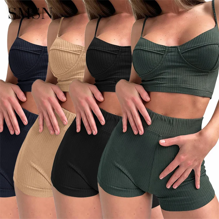solid color women crop top set sexy sport shorts joggers pants two piece pants set