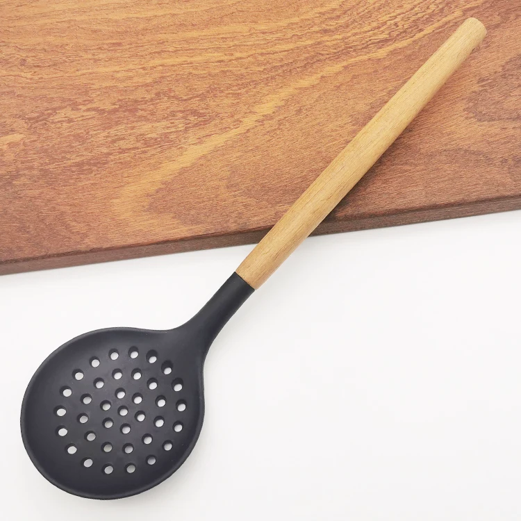 Hot selling Silicone Kitchen Skimmer with Acacia Handle Utensil Accessories for kitchen tools and gadgets skimmer kitchen tools