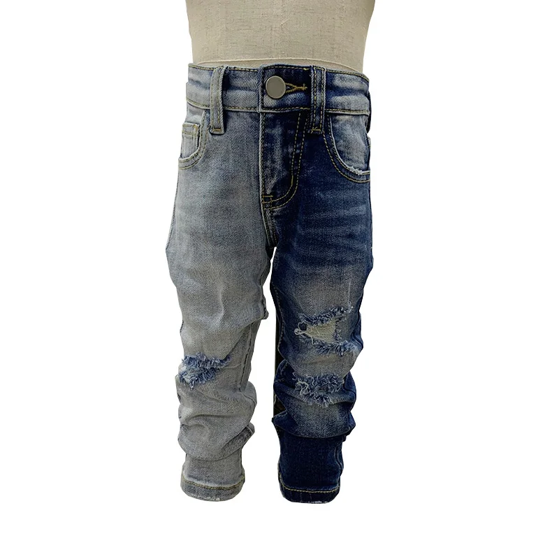 Двухцветные рваные джинсовые брюки в стиле пэчворк с эффектом потертости, детские джинсы для мальчиков, детские брюки