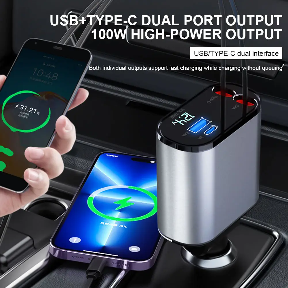 PSDA 4 в 1 Автомобильное зарядное устройство USB/Type-C кабель выдвижной шнур быстрой зарядки прикуриватель адаптер для IPhone Xiaomi Huawei Samsung