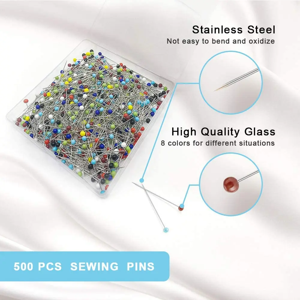 500PCS Sewing Pins for Fabric, Straight Pins with Colored Ball Glass Heads Long 1.5 Inch, Quilting Pins for Dressmaker