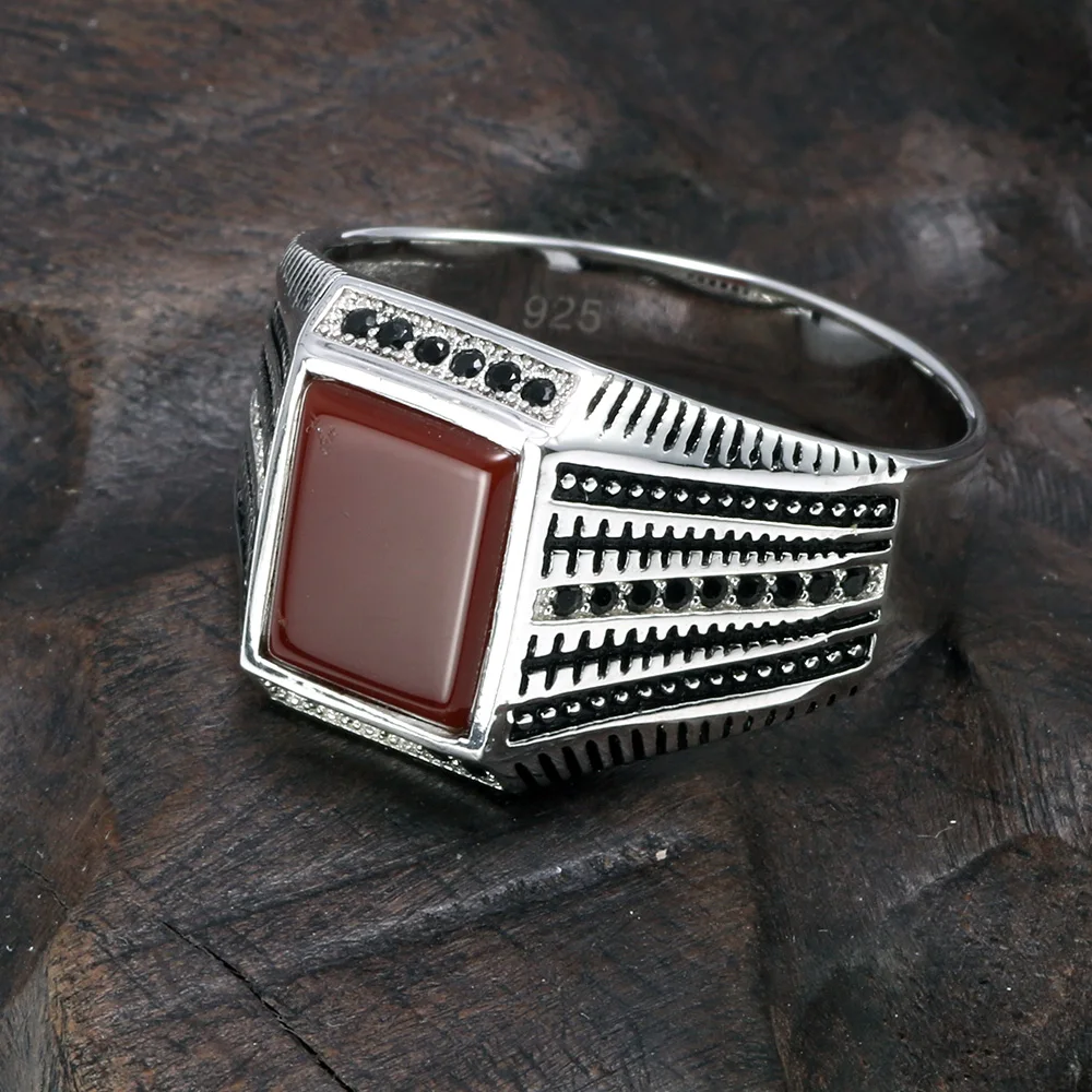 Black Green Red Natural Agate Stone Ring Square Shape Zirconia Inlaid Turkish Silver Men Rings Sterling Silver 925 Jewellery