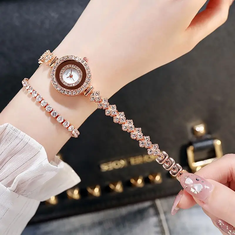 2pcs Set Luxury Women Rose Gold Watch Fashion Ladies Quartz Diamond Wristwatch Elegant Female Bracelet Watches