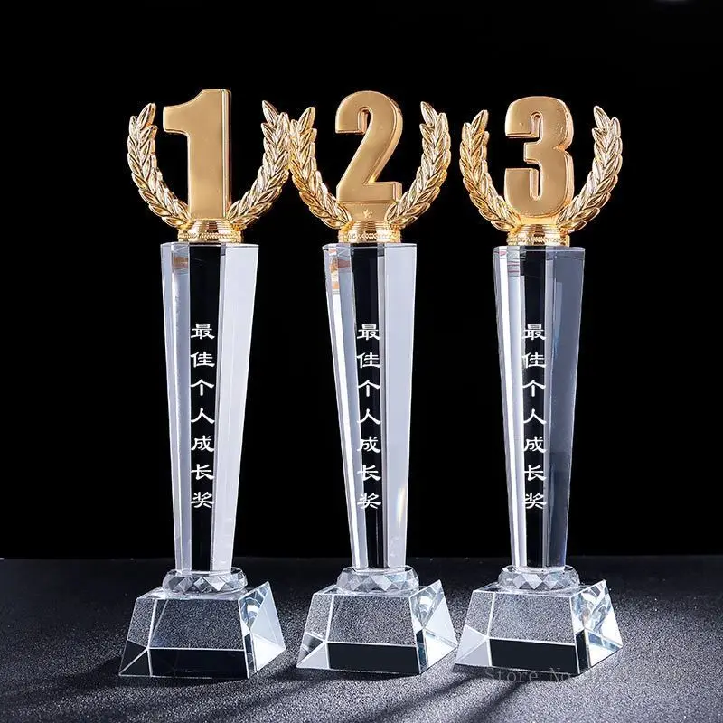 New Engraving Logo Crystal Trophy 123 prizes champion sports Crystal Metal Award Trophy With Base