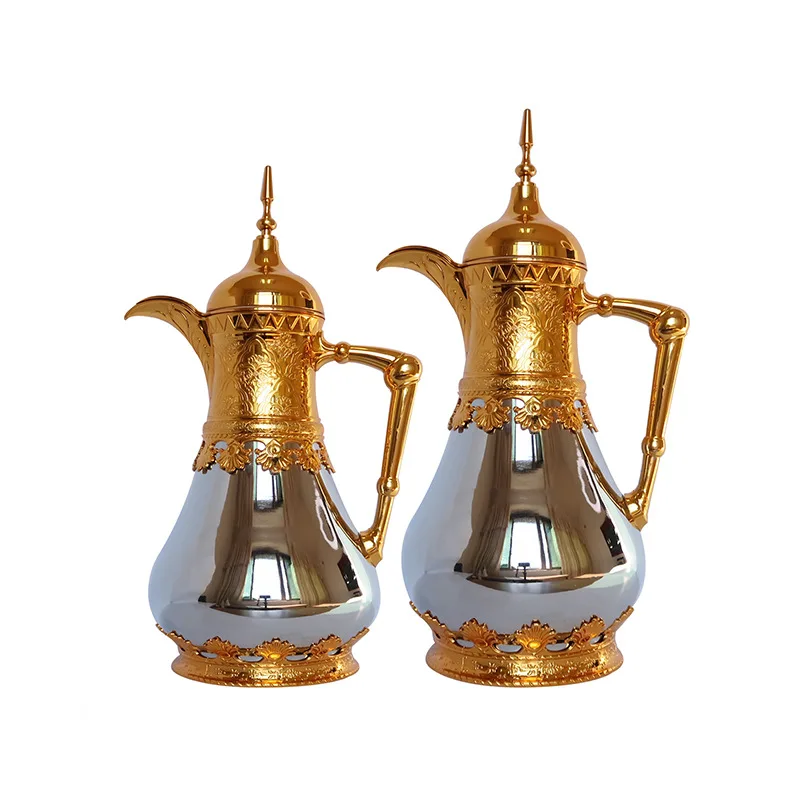 0.5L+0.8L Turkish Style Top Quality Glass Liner Luxury Unique Metal Thermal Tea Pot Golden Vacuum Thermos Tea Kettle