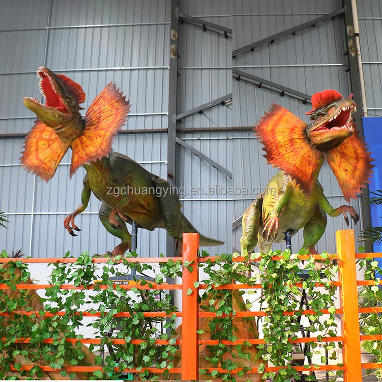 Animatronic Life Size New Arrival Lifting Dinosaur Dilophosaurus with Fence for Dinosaur Theme Park Moving Robot Model