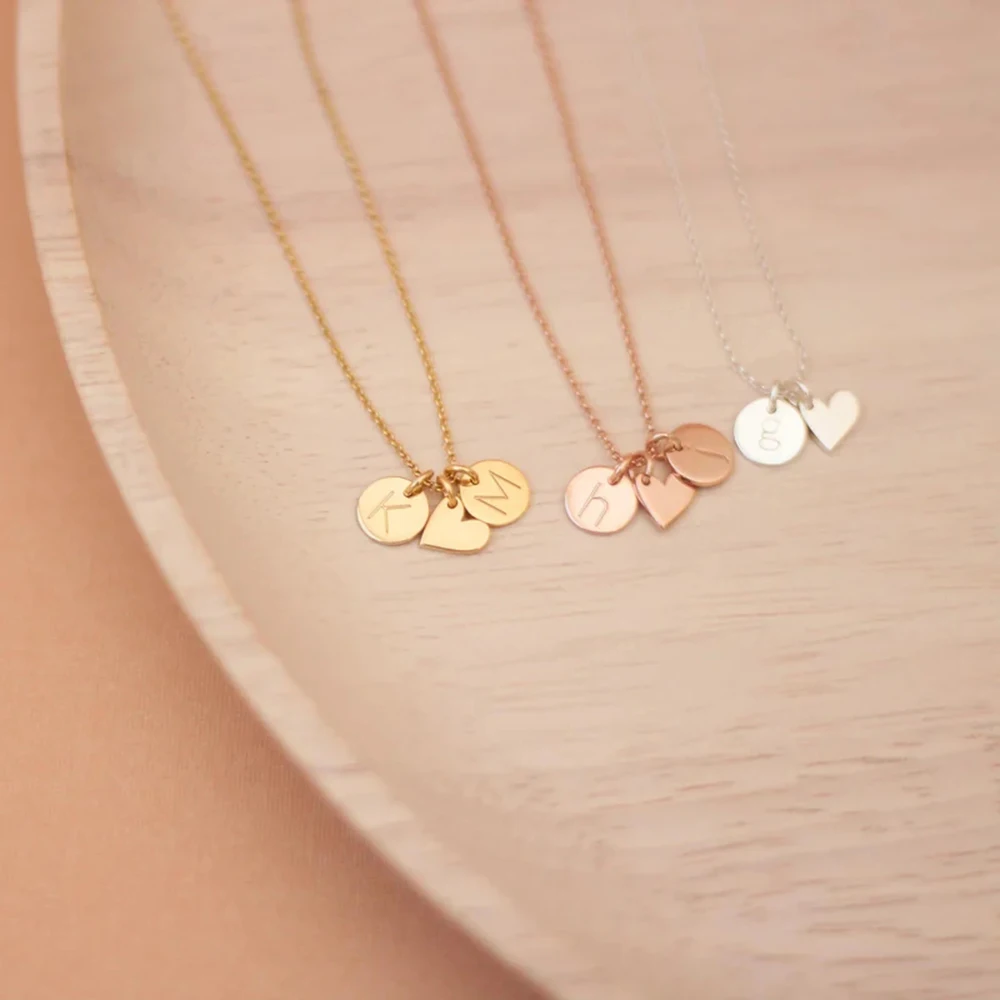 18k Gold Plated Initial Letter Necklace Personalized Heart Coin Disc Engrave A-Z Alphabet Necklace Women Stainless Steel Jewelry