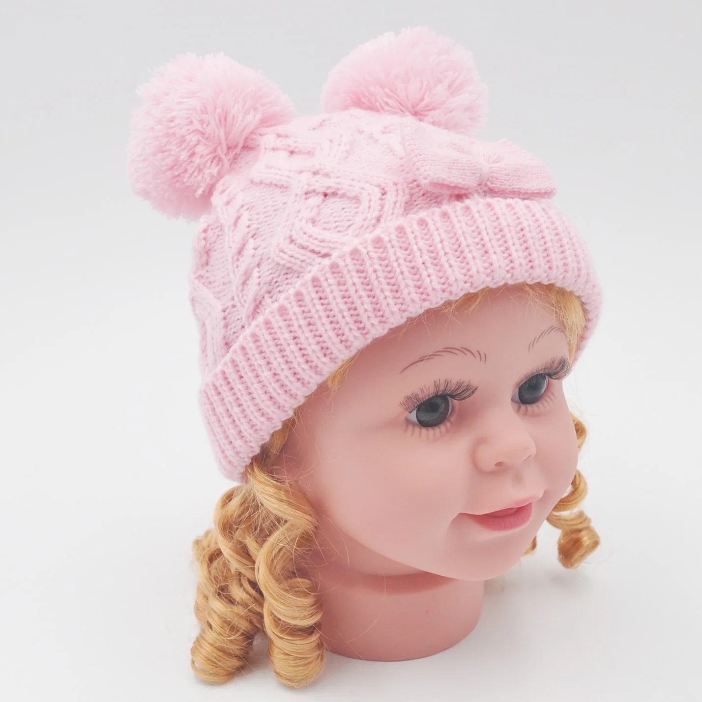 Funny Baby Knit Cute Cap With Pompoms Polar Fleece Lining Children Beanie Girl Baby Winter Hat