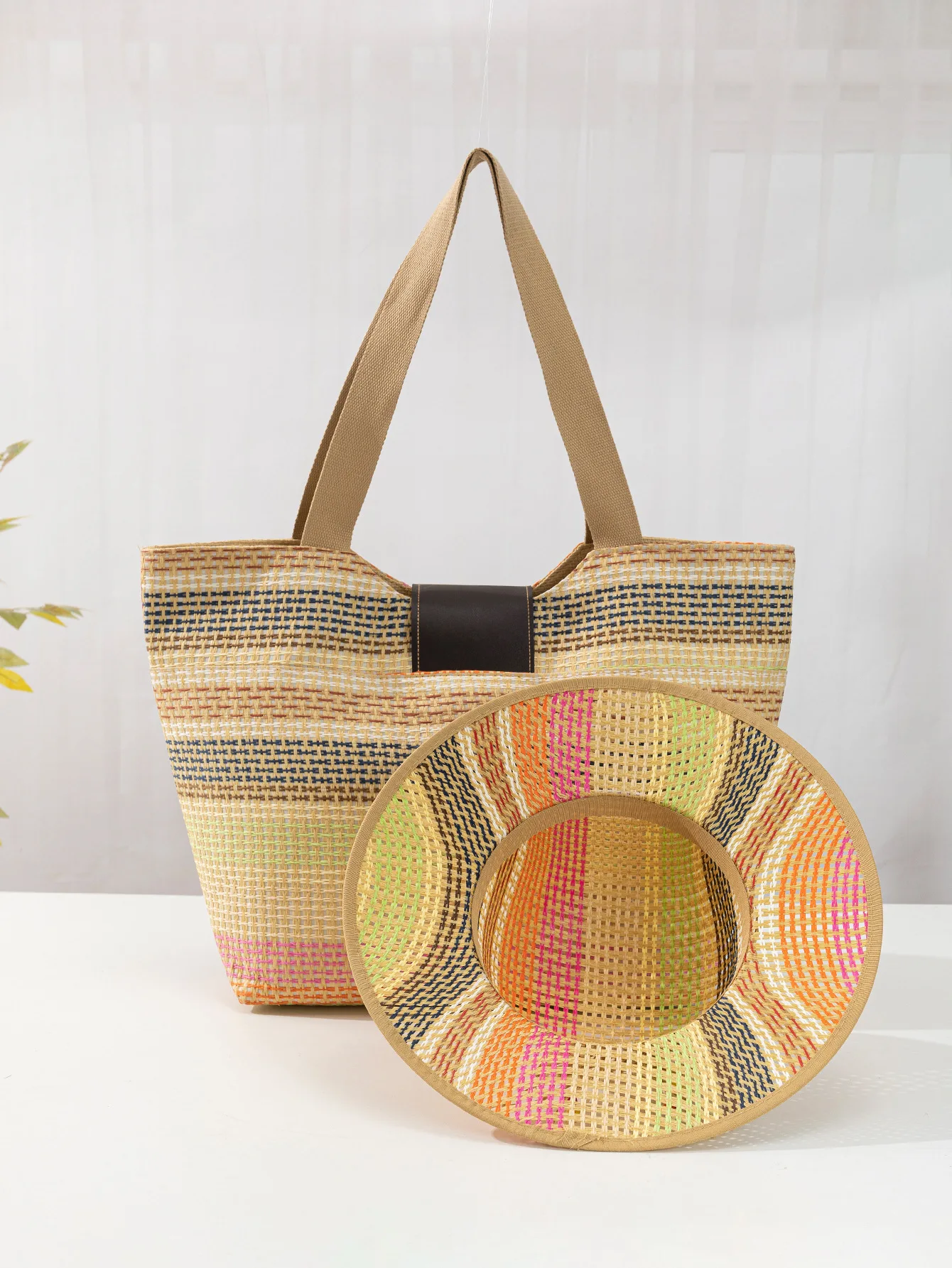 Wholesale One Shoulder Canvas Leather Buckle Bag Hat Set Women Vacation Beach Straw Bag And Hat Set