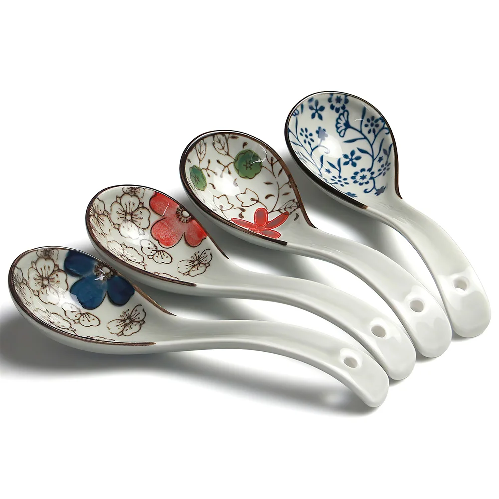 4 Pieces Set Chinese Porcelain Wonton Soup Spoons Vintage Ceramic Rice Spoon