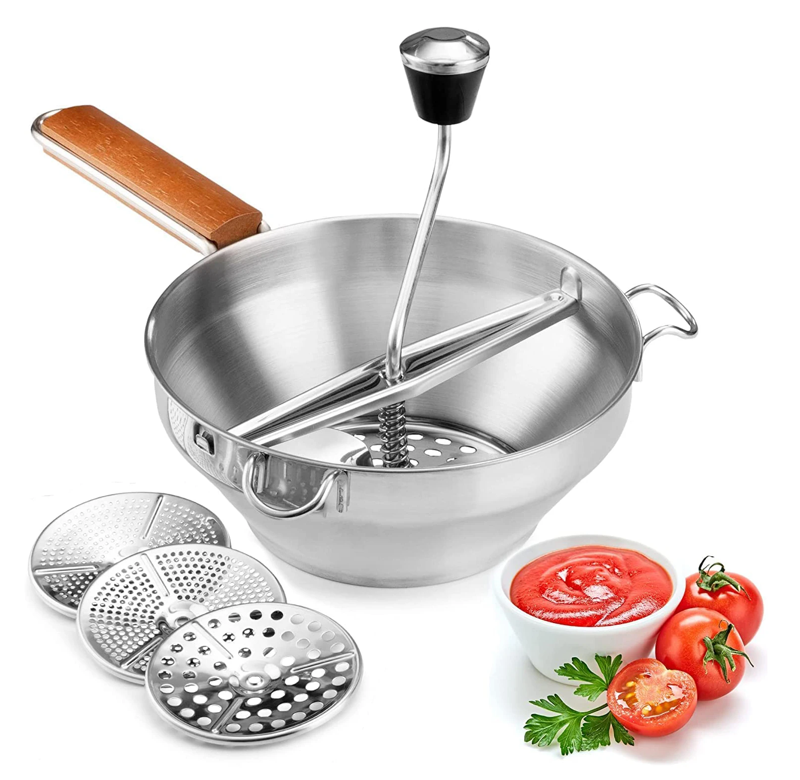 Rotary Stainless Steel Food Mill Strainer Potato Masher Grinder Vegetable Mill Wood Handle with 3 Milling Discs