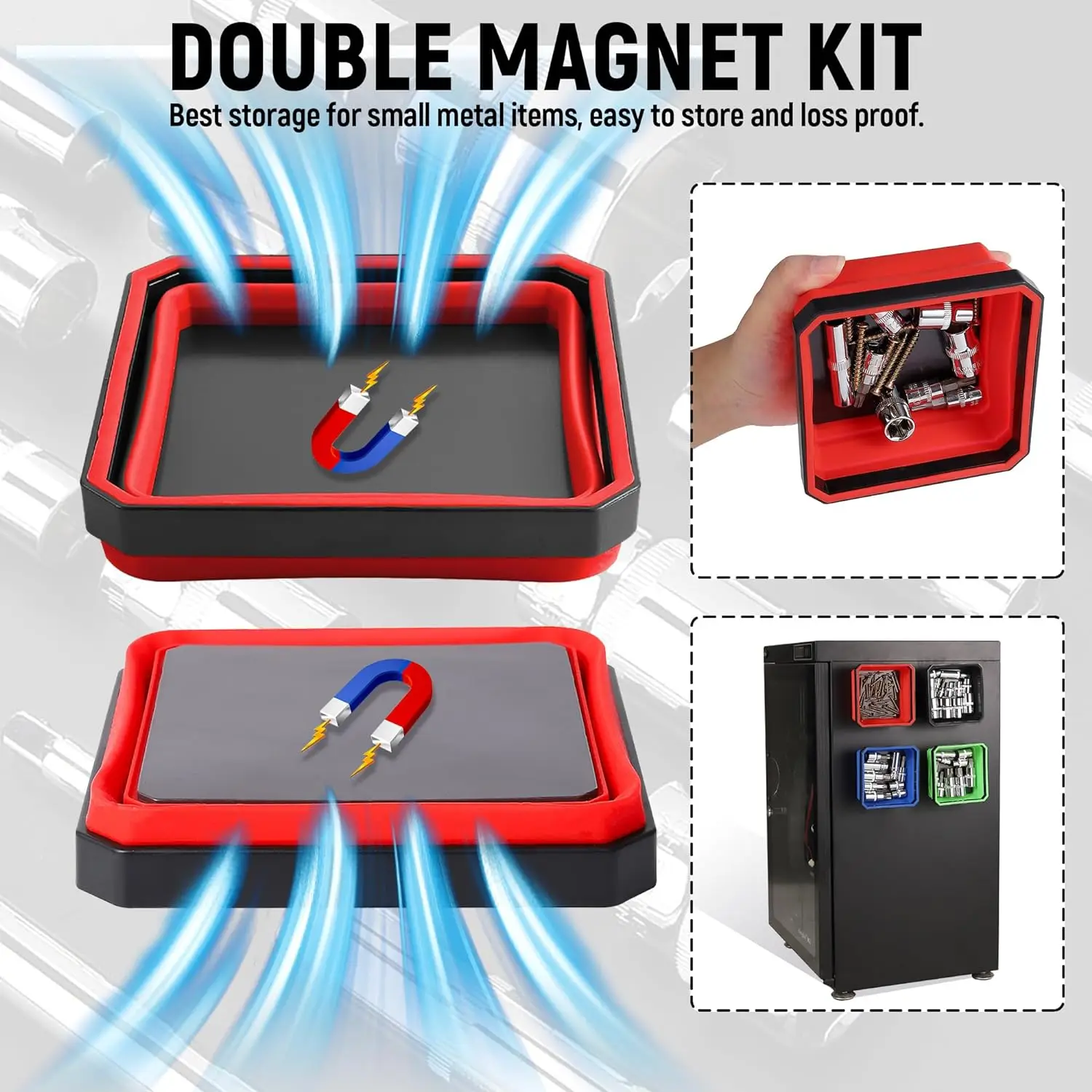 141120 Collapsible Magnetic Parts Tray Set 4-piece, Insulating silicone, Dual-sided Thickened Rare Earth Magnetic Base