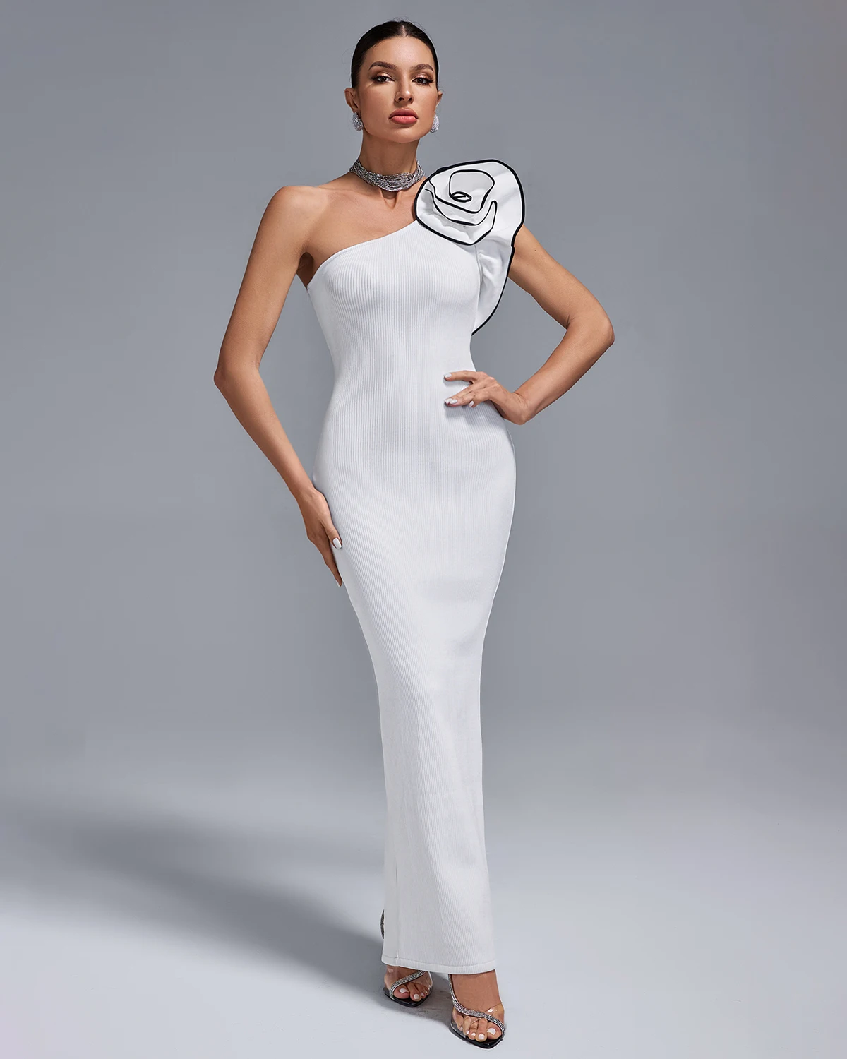 Ocstrade High Quality Frocks White Evening Dresses One Shoulder Flower Sleeveless Ladies Evening Bodycon Bandage Dresses