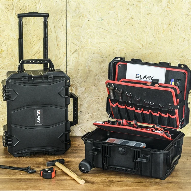 GLARY trolley protective tool case with wheels waterproof hard plastic tool storage case box rolling travel power tool case box