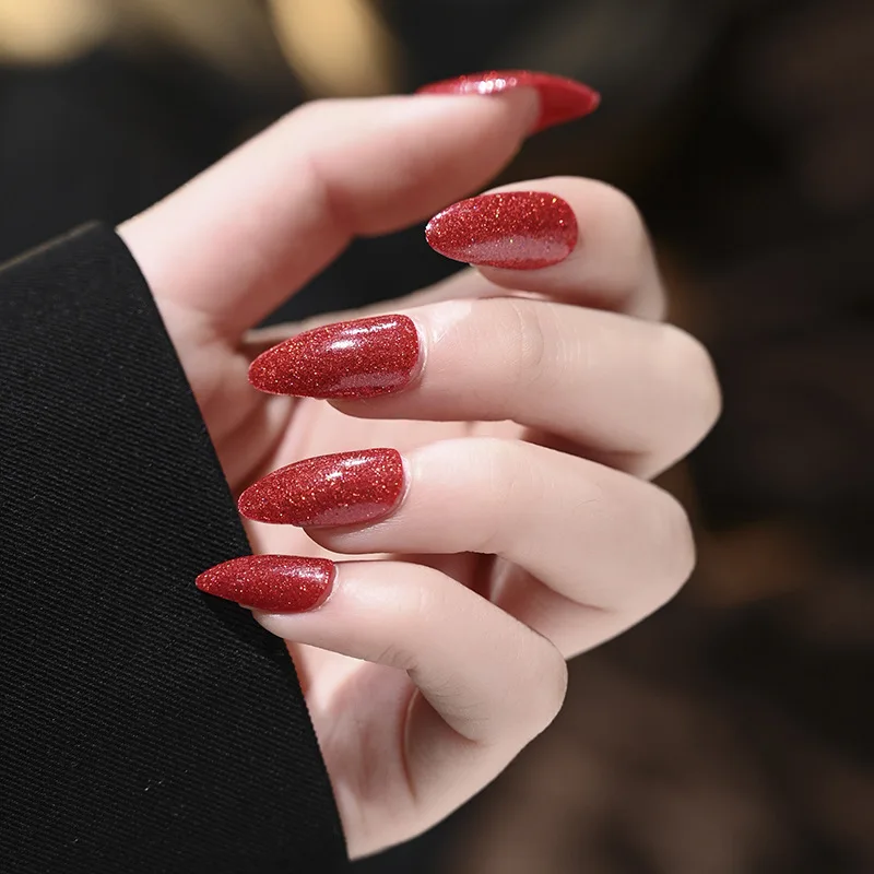 Hot Selling Contrast Color False Nails Flash Powder Can Wear Removable  24 Pcs  Boxed Waterproof Almond ABS Nail Tips