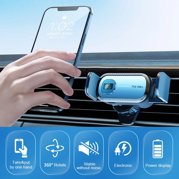 Stable electric phone holder for car air vent dashboard mobile phone mount with power display automatic locking cell phone mount