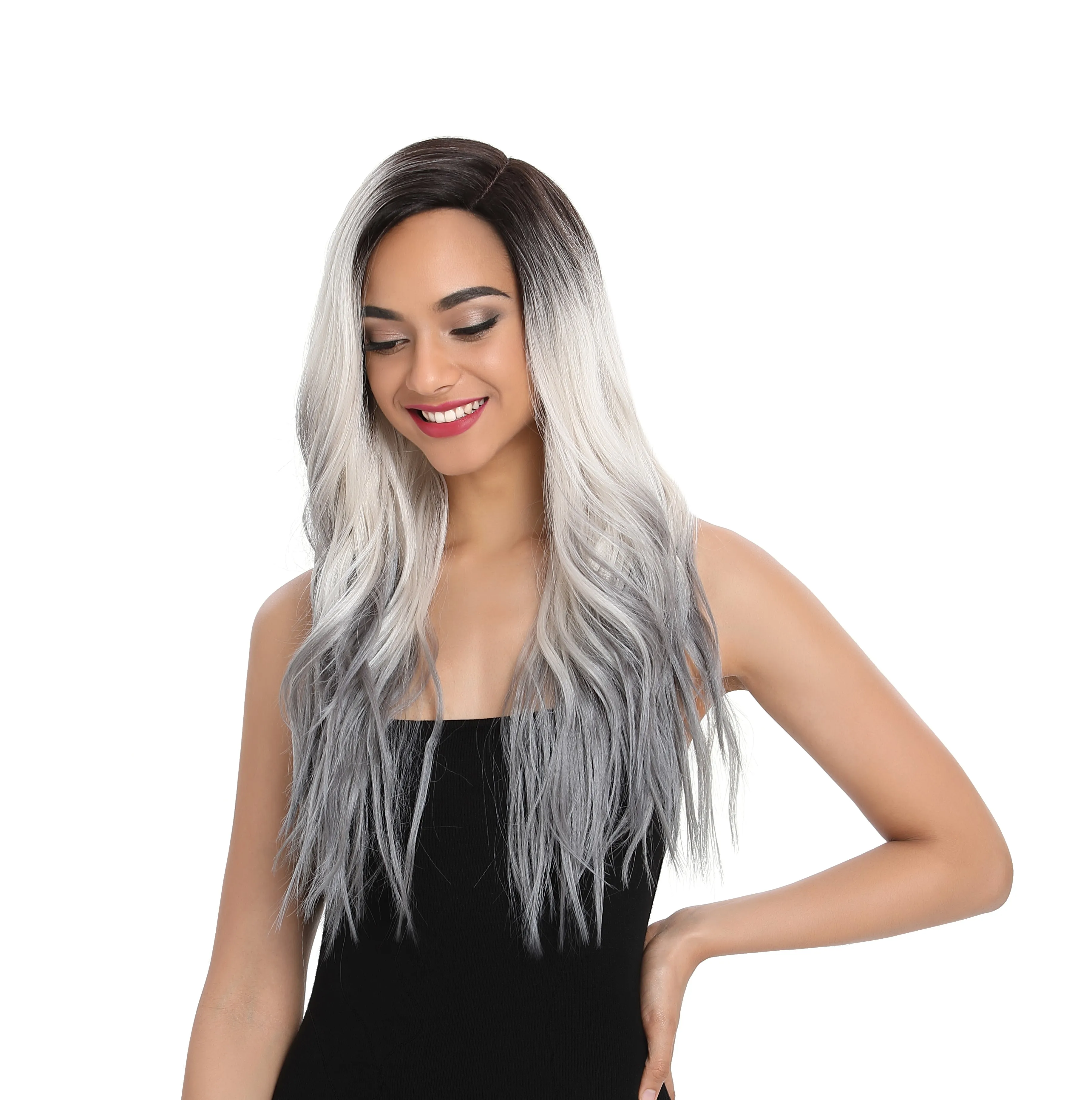 for women sleek wholesale factory supplier high temperature  heat resistant long super wave lace front wig synthetic hair wigs