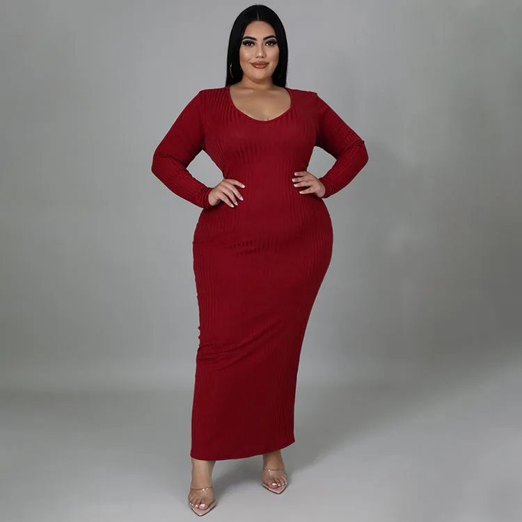 Женское длинное платье с длинным рукавом, однотонное облегающее платье в классическом стиле с U-образным вырезом, большие размеры, осень 2021