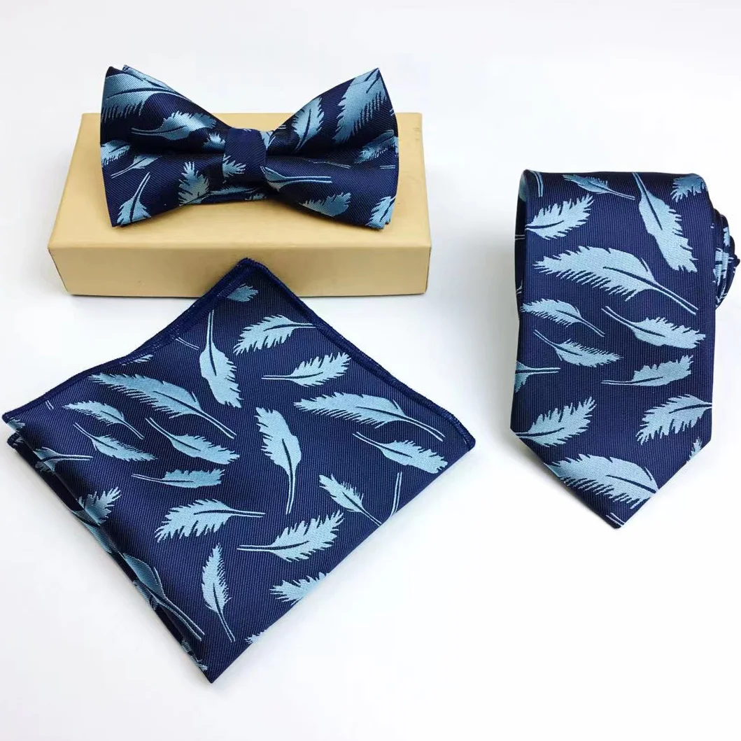 Brand New 3-Piece Microfiber Polyester Woven Tie Gift Set Featuring Feather Flower Patterns Including Pocket Square and Bowtie