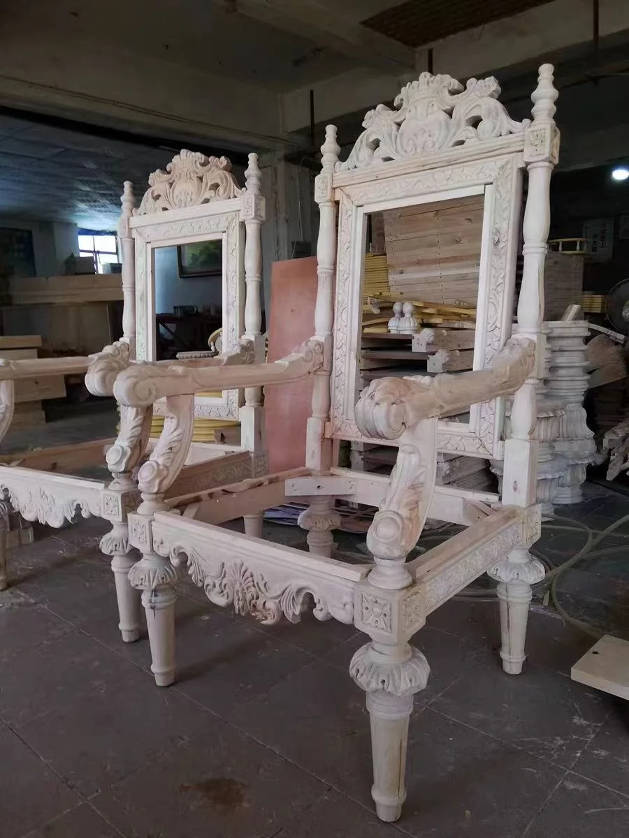 European Classical High-Back Leather Office Chair with Hand Carving Brown Teak Wood Leisure Villa Chair Home Hotel Living Room