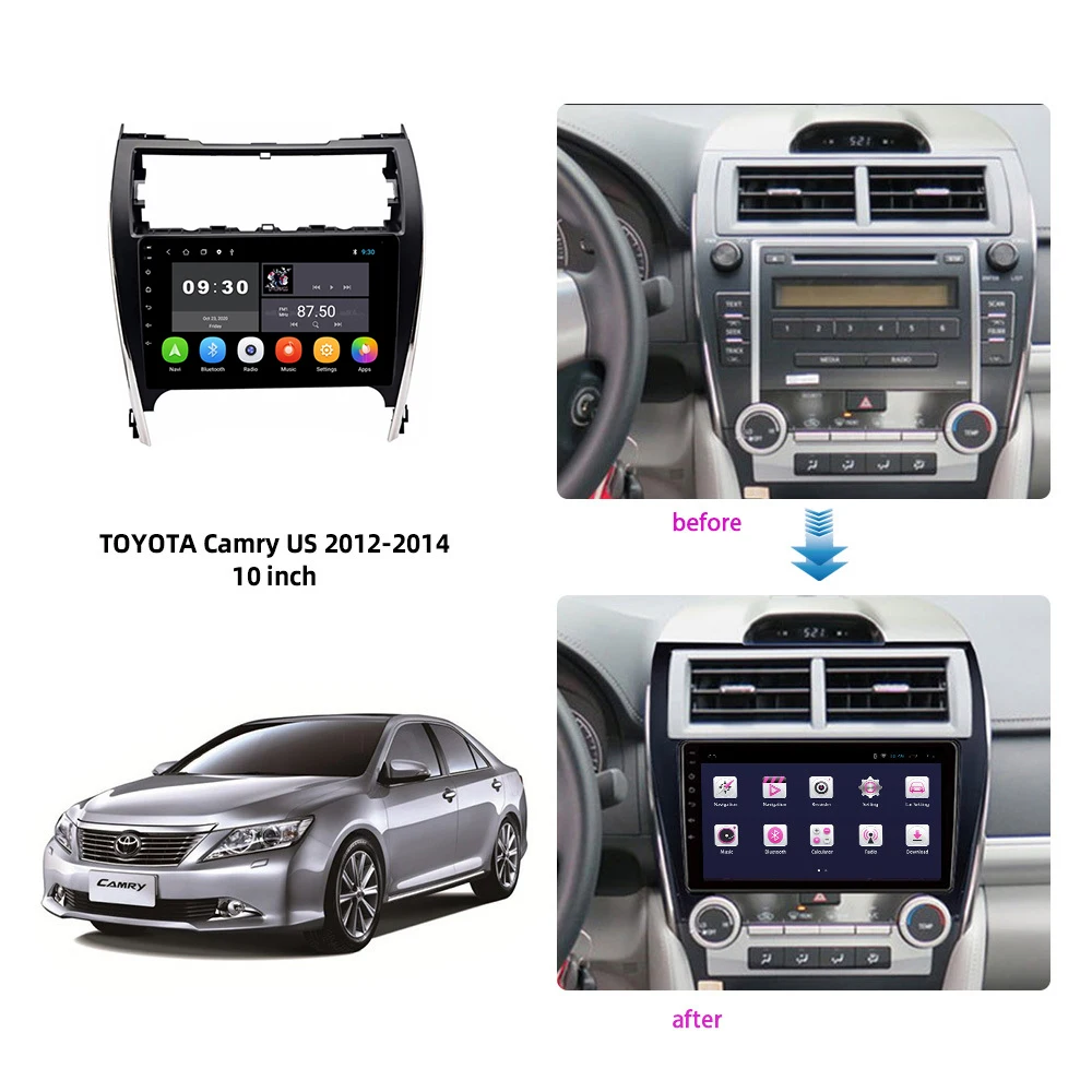 Car DVD Frame Audio Fitting Adaptor Dash Trim Kits Facia Panel 10.1inch For Toyota Camry 2012-2014 USA version Radio Player