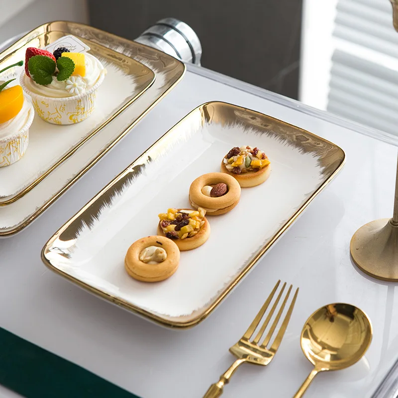 High Quality White Dinnerware sets Porcelain Luxury Ceramic Tableware Hotel Square  Gilded Plates Restaurant