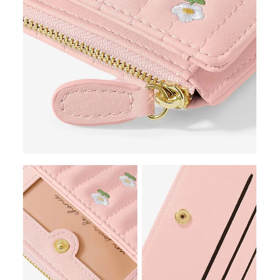 Wholesale 2023 New Design Cute Flower Bag Girl Fashion PU Leather Short Wallets Pink Small Purse Change Purse
